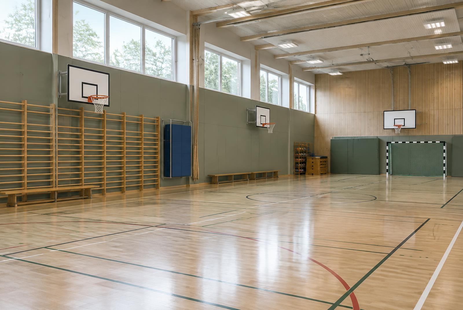 Modern sporthall med fast och lös utrustning för säkerhetsbesiktning